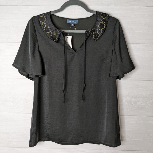 ModCloth Satin Flutter Sleeve Solid Black Blouse Size S NWT - Picture 2 of 8